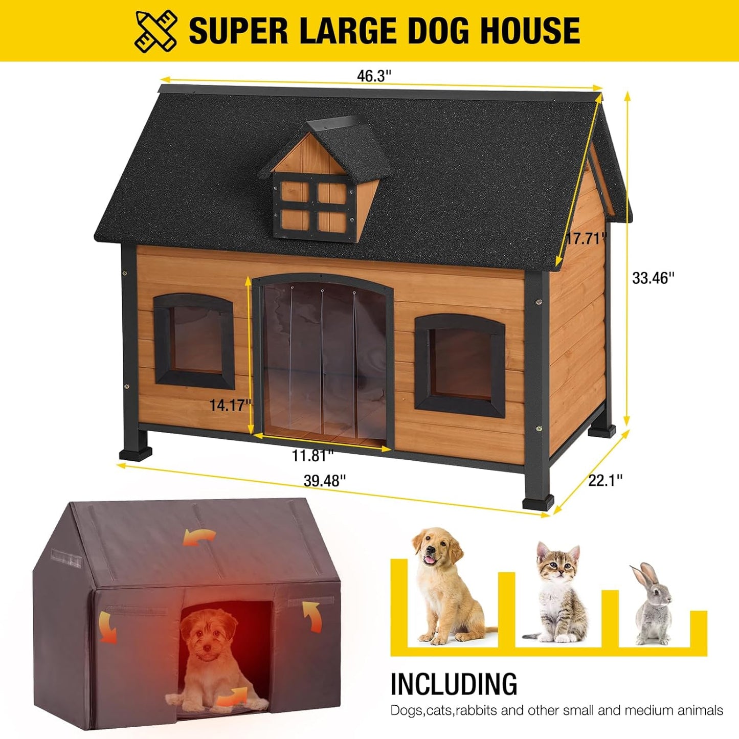 Aivituvin Dog House with Insulated Liner Anti-Chewing Metal Frame Design Insulated Wooden Dog Kennel with Unique Design Roof, Weatherproof Dog House for Outdoor Indoor