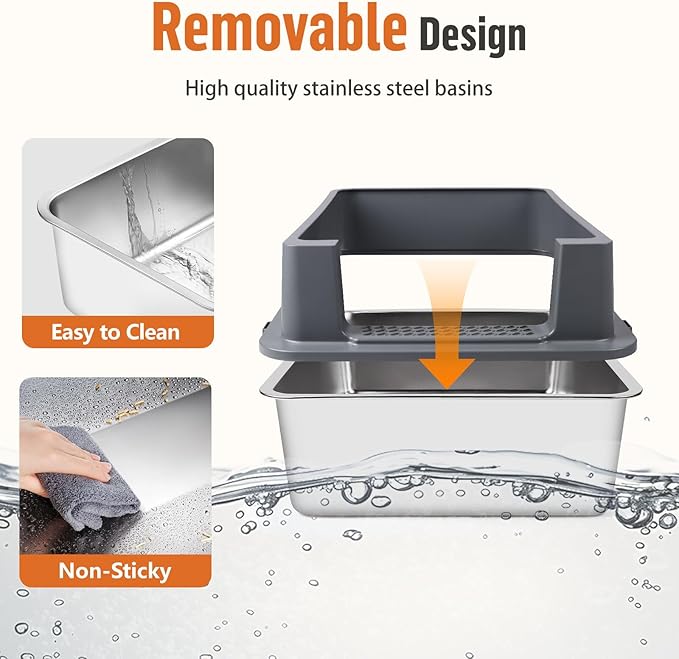 Stainless Steel Litter Box, XXXL 27.6" H x 19.7" W x 11.8" H Extra Large Metal High Sided Cat Litter Box with Scoop, Leak-Proof, Easy Clean for Big Cats/Multiple Cats (Dark Grey)