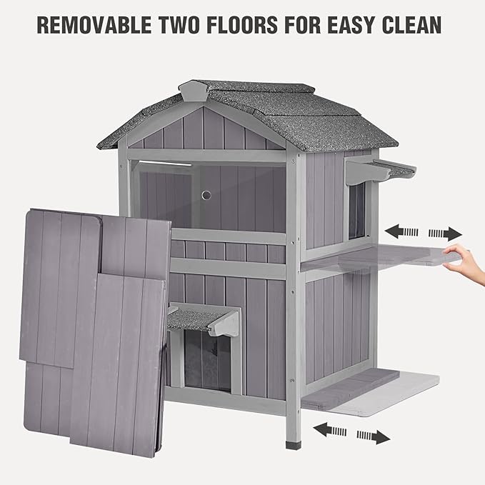 Insulated Cat House Outdoor Two-Story Feral Cat House with Escape Door and Two Large Side Door, Weatherproof Kitty Shelter with All-Round Insulated Liner for Outside