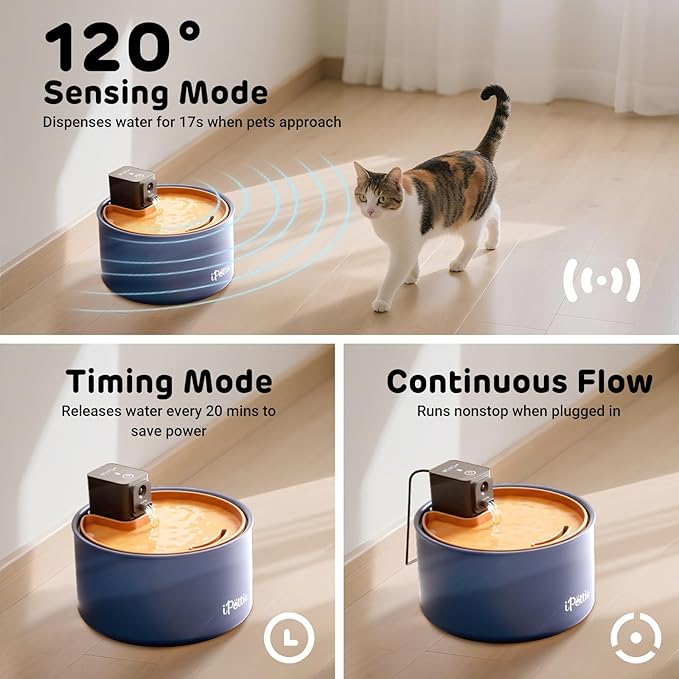 iPettie Ceramic Cat Water Fountain, 3.5L Cordless Pet Water Dispenser with 3 Water Modes, Ultra-Quiet Pump, Rechargeable 3000mAh Battery, BPA-Free Ceramic & ABS, Auto Low Water & Battery Alerts