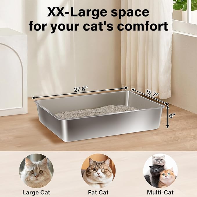 Stainless Steel Litter Box, XXXL Extra Large Cat Litter Boxer,Steel litterbox for Big Cat,Multiple Cats,Easy to Clean,Non Stick and No Smell,28x20x6inch