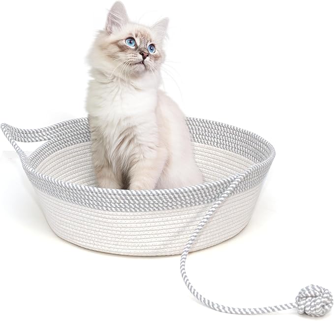 Hand Woven Cat Bed Basket With Toy Tail, Cotton Rope Foldable Sleeping Basket, Kitten Shaped House for Cats, Puppies, Rabbits and Small Pets (Medium, Gray & White)