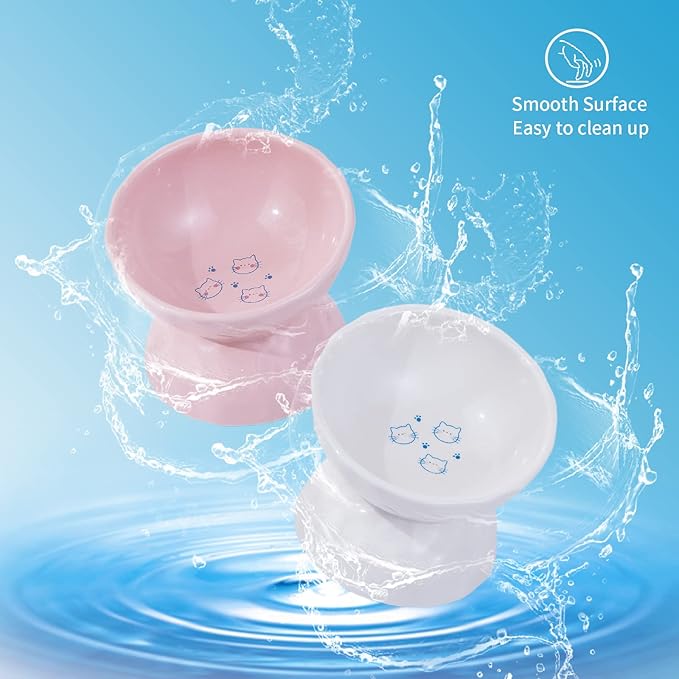 OMAYKEY Ceramic Raised Bowls, Tilted Elevated Food and Water Bowls, Porcelain Stress Free Feeder Bowl Set, Pet Bowl Dish for Cats and Small Dogs, White & Pink, Set of 2