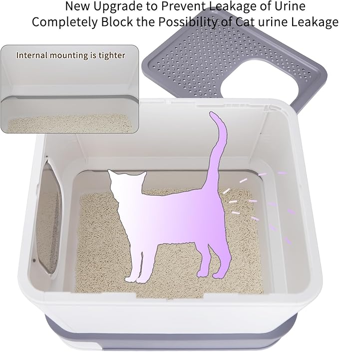 RIZZARI Large Enclosed Cat Litter Box : Covered Leak-Proof Reduces Odor - for Indoor Use Cat Owners (Light Gray)