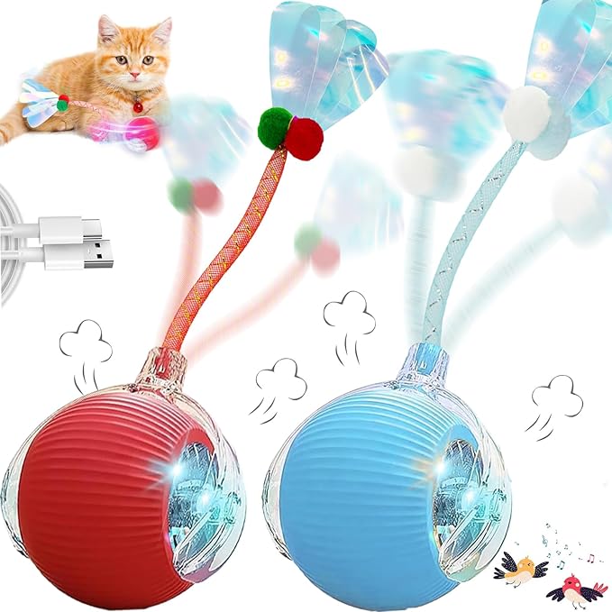 2 Pcs Interactive Cat Toys for Indoor Cats, Automatic Cat Toy with Elastic Mesh Tail, Electric Rolling Ball on Carpet, Chirping and Motion Activate Cat