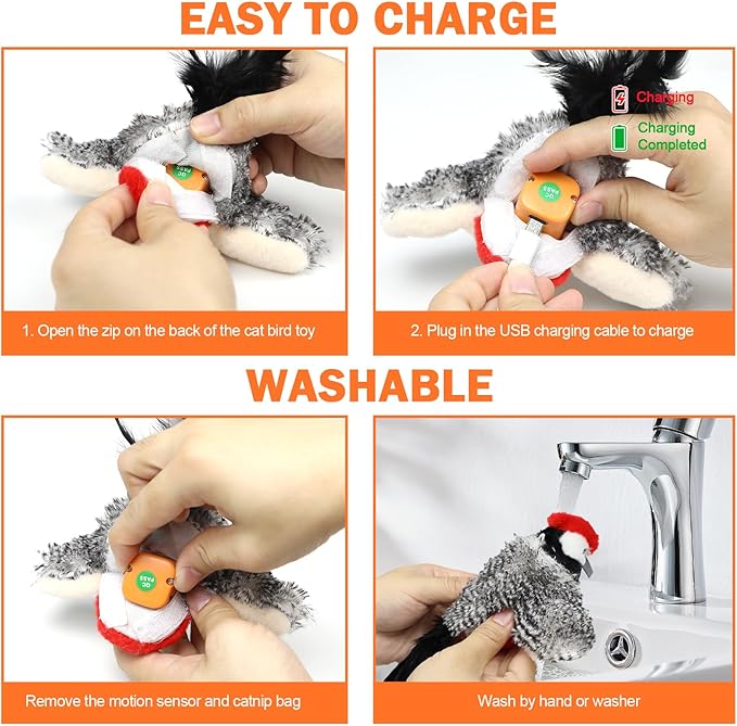 Tocirelo Flapping Bird Cat Toy - Chirping Bird Cat Toy Flapping Wings for Bored Indoor Cats, Interactive Simulated Flying and Realistic Flappy Bird, Touch Activated 7.1" Kitten Kicker Toy with Catnip