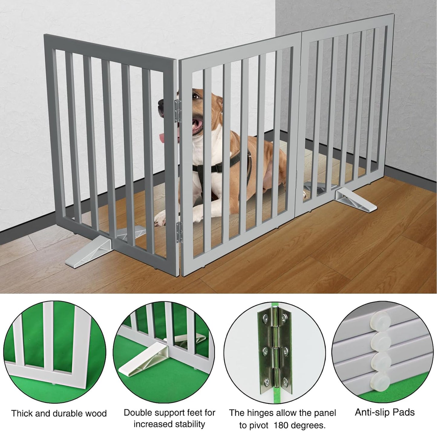 ZJSF Freestanding Indoor Dog Gate for House Foldable Wood Puppy Gate for Doorways Pet Gate for Stairs Extra Wide Pet Fence, Grey, 32" Height 3 Panels