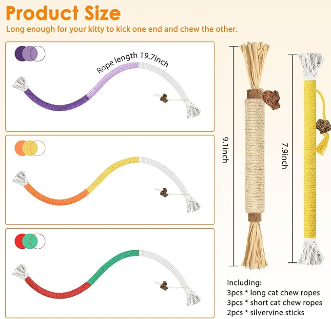Tocirelo Cat Toys Silvervine Sticks - 8Pack Natural Silvervine Sticks for Cats, Cat Chew Toy for Teeth Cleaning, Interactive Kitten Chew Ropes to Redirect Chewing Habits, Kitty Chew Sticks