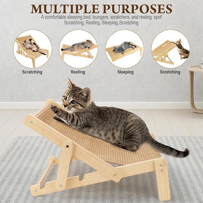 2 in 1 Cat Sisal Chair for Indoor Cats Hammock for Scratching Pad, Sisal Cat Scratcher Bed with Adjustable 4-Position for Cats Scratcher Lounge, Natural Lounger Chair