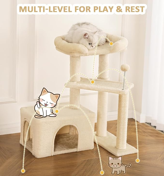 Made4Pets Cat Tree, Small Cat Tower for Indoors Cats, Cute Wood Kitty Condo with Scratching Post and Pad, 29" Multi-Level Modern Activity Climbing Furniture for Small and Medium Cats, Beige