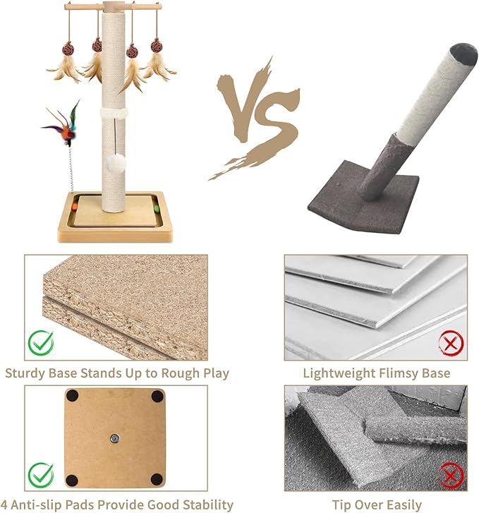 Cat Scratching Post, Sisal, Scratcher Tree Tower for Indoor Cats Adults with Hanging and Ball Track, 2 Mounting Methods Interactive Furniture Toys for Kitten, 25 Inches