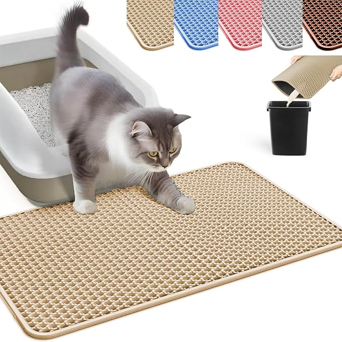 HCY&WLD Cat Litter Mat, Honeycomb Double Layer Cat Litter Trapping Mat, Waterproof Urine Proof Non-Slip, Scatter Control, Less Waste, Easier to Clean (Beige, 24" X 18")