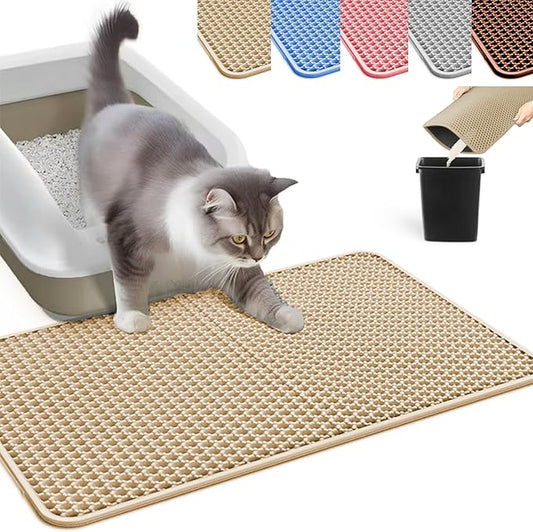HCY&WLD Cat Litter Mat, Honeycomb Double Layer Cat Litter Trapping Mat, Waterproof Urine Proof Non-Slip, Scatter Control, Less Waste, Easier to Clean (Beige, 30" X 22")