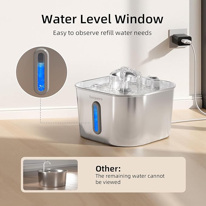 Cat Water Fountain Stainless Steel：74oz/2.2L Water Fountains for Cats Indoor, Cat Fountains for Drinking, Ultra-Quiet, Water Level Window, Pet Water Fountain - 6 Filters + 3 Sponges