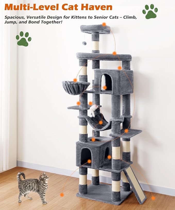 AMHANCIBLE Large Cat Tree, 83 Inch Multi-Level Tall Tower for Indoor Adult Cats, with Scratching Post and Board, Hammock, Condos, Hanging Basket, Activity Center to Play and Sleep, Grey, PT21GY