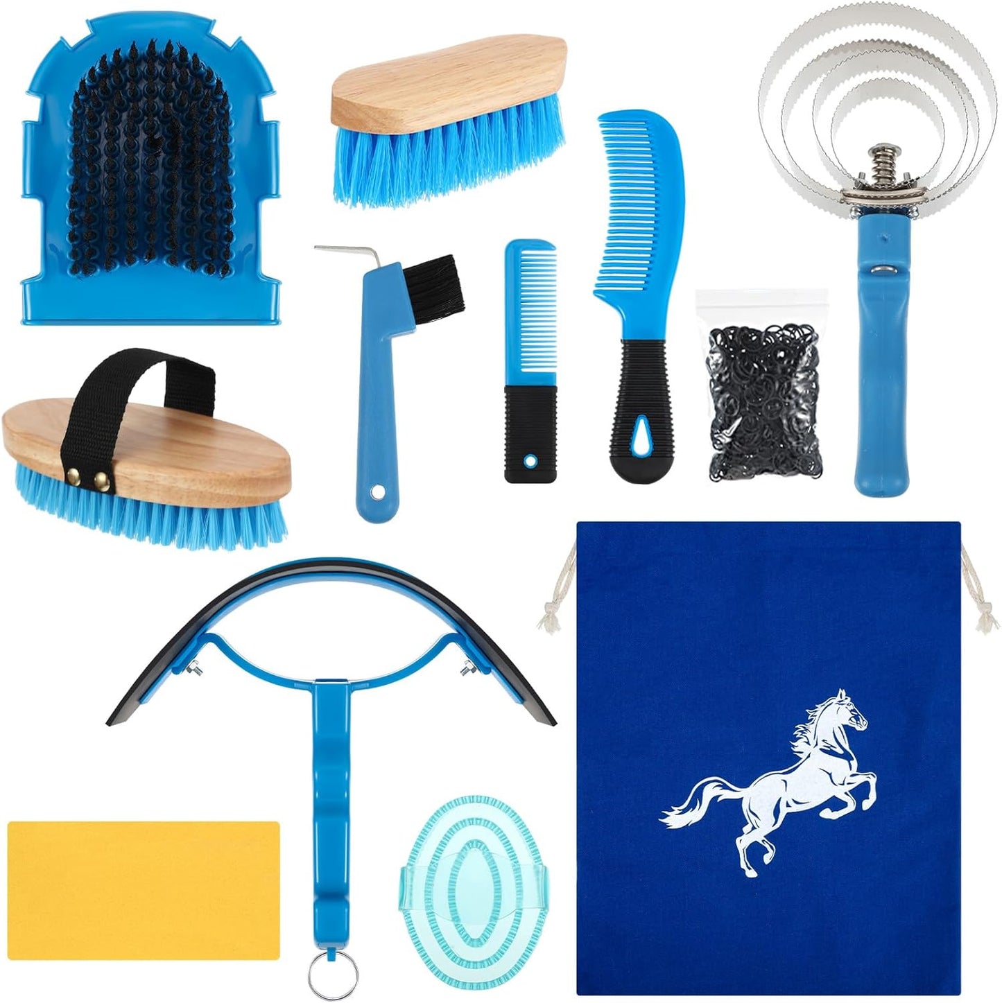 Abbylike 12 Pieces Horse Grooming Kit Racing Festival Tack Room Supplies Horse Brush Sets Equine Care Cleaning Kit Shedding Grooming Massaging Tools(Blue)