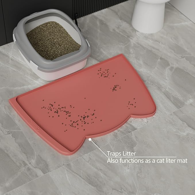 OHMO Dog Food Mat(Erythrinus, 24 * 15'') w/Residue Collection Pocket Silicone Pet Feeding Mat for Floor High Edges Anti Spills Waterproof Cat Water Bowl Tray, Easy Clean Placemat