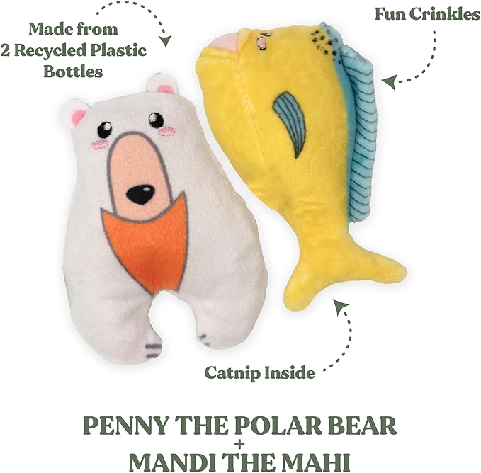 Global Collection Cat Toys | Mahi and Polar Bear Mixed Bundle | Value 2-Pack for Indoor Cats | Cute Interactive Plush Toys | Eco-Friendly & 100% Recycled Materials