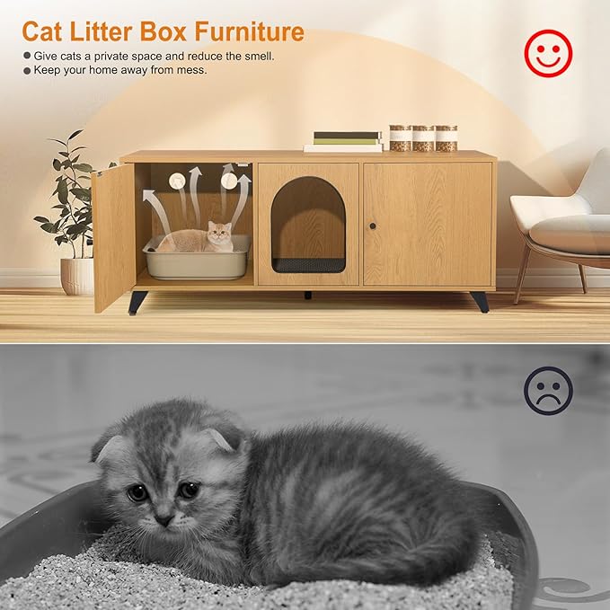 Cat Litter Box Enclosure for 2 Cats, Modern Hidden Litter Box Furniture with Double Room, Large Cat House Washroom Cabinet with Scratch Pad, 46.5" x 19.7" x 19.7" (Natural Oak)