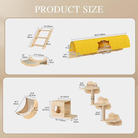 Cat Wall Shelves and Perches, Solid Wood Wall Mounted Cat Furniture, Set of 13 Cat Climbing Shelves with Moon Hammock, House, Wall Ladder, Scratching Post and Cat Tunnel