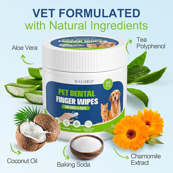 Dog Dental Care Finger Wipes, 60 PCS Teeth Cleaning Wipes for Dogs & Cats, Tooth Brushing Kit Dental Wipes Reduces Plaque & Freshens Breath, Disposable Gentle Cleaning & Gum Care Pet Wipe