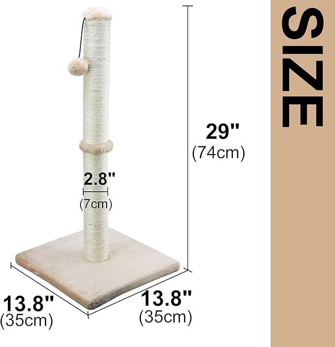 Dimaka 29" Height Tall Cat Scratching Post, Claw Scratcher with Sisal Rope and Covered with Soft Smooth Plush, Vertical Scratch [Full Strectch] for Standard Size Cats (Light Brown, 29 inches)