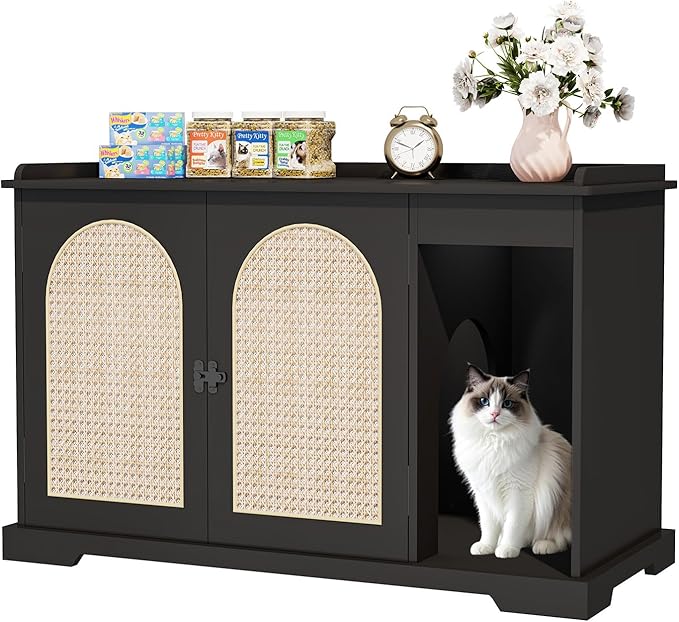 Large/Tall Cat Litter Box Enclosure, Hidden Litter Box with Convenient Entrance Large Shelf, Farmhouse Enclosed Litter Box Cabinet Rattan Cat House for Living Room Entryway (Black)