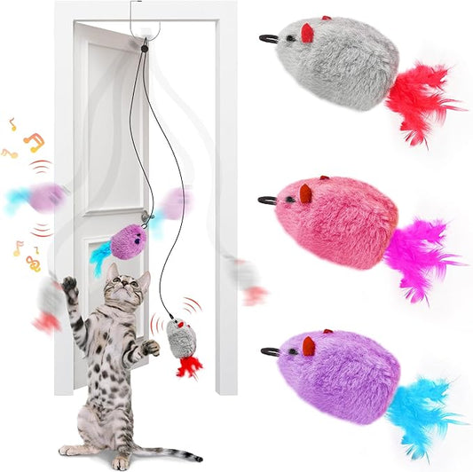 Hanging cat Toys mice with Squeaky Sound 3PCS, Retractable Teaser Toy, Interactive cat Toys for Indoor Bored Kitten Self Play Chase Exercise, Mental Physical Stimulation for All Breeds