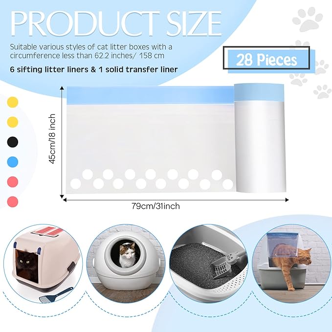 Jutom Sifting Litter Box Liners 28 Count, Drawstring Jumbo Sifting Cat Litter Bags with Holes, 31 x 18 Inch Portable Thick Scratch Resistant Drawstring Bags for Pet Cats