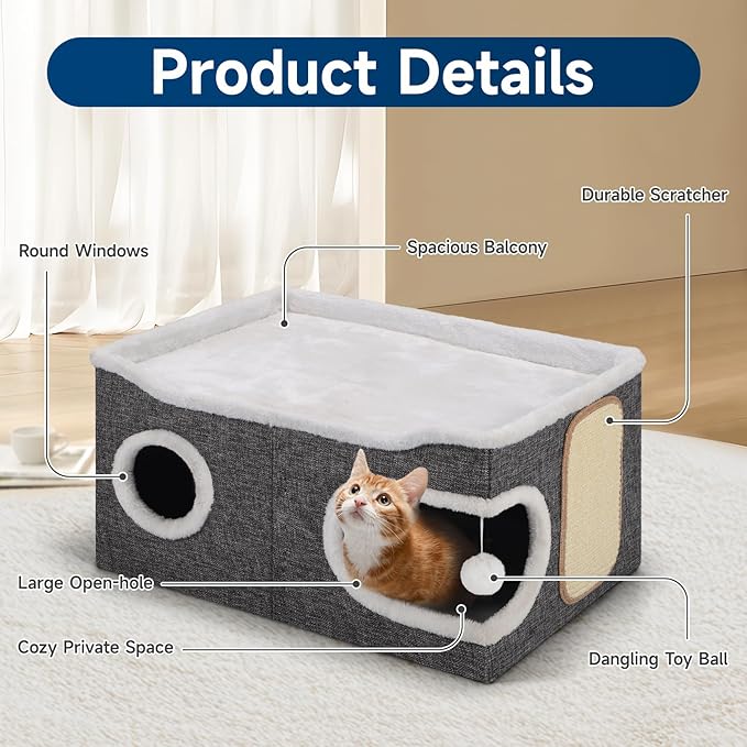 Cat Beds for Indoor Cats, Extra Wide Cat Cube House for Multi Cats, Foldable Cat Cave Hideaway with Arc-Edge Design & Oval Door, Double-Side Soft Cushion for All Seasons, 24"L x 17.7"D x 12.6"H, Grey