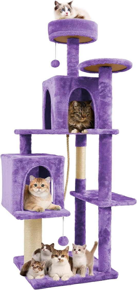 58.5inch Large Cat Tree Tower Condo for Indoor Cats, Soft Plush Multi-Level Climbing Tree Cat House, Scratching Post, More Entrance/Exit, Sisal Rope, Violet Purple