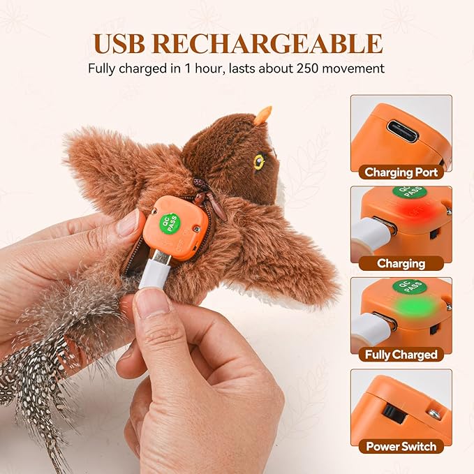 Small Flappy Bird Cat Toy, Interactive Flapping Wings（No Flying） and Chirping Bird Cat Toy, Simulated Sparrow Catnip Toy for Indoor Cats and Kittens, Rechargeable, 5.51×4.72×1.97 Inches