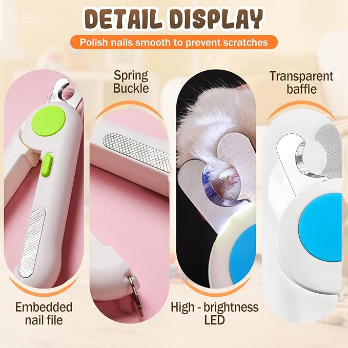 Pets Nail Clippers with Light, Cat Dog Nail Clippers with Built-in Nail File, Sharp Blades, Portable Cat Nail Clipper, Cats Claw Trimmer, Adjustable Claw Clippe for Cats (Style B)