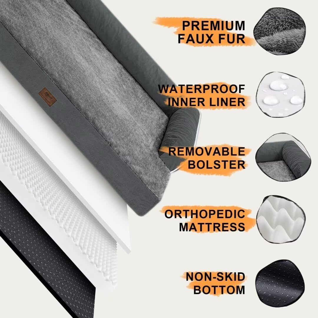 Large Dog Bed Orthopedic Washable - Beds Bolster - Extra XL XLarge Big Dogs - Memory Foam Couch Sofa - Waterproof with Removable Cover - Dark Grey Dog Bed