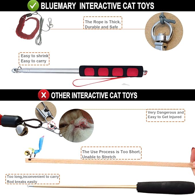 Bluemary 2 Cat Wand Toys & 4 Rainbow Feather String Toys - Engaging Interactive Play for Indoor Kittens and Cats - Ideal for Fun Exercise