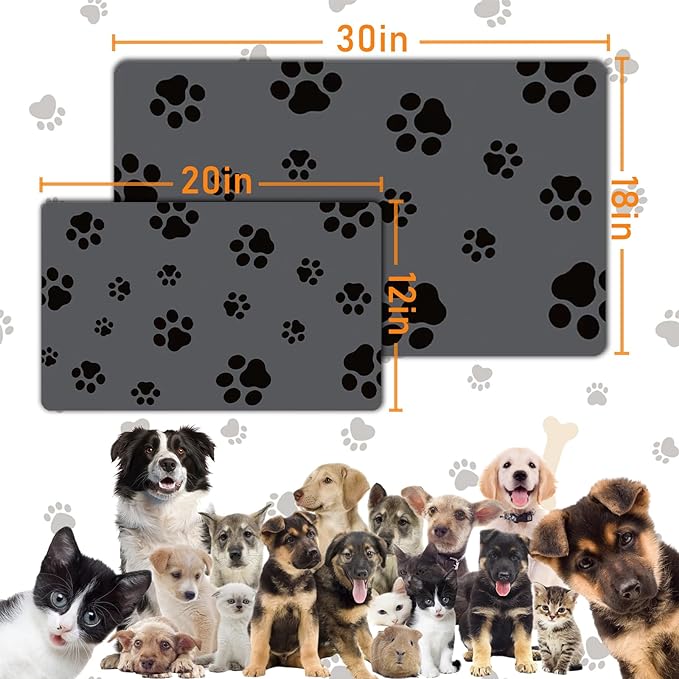 Pet Feeding Mat-Cat Dog Mat for Food and Water Bowl, Absorbent Quick Dry Food Mat Anti-Slip No Stains Dog Placemat with Footprints for Messy Drinkers,12"x20"Dark Grey