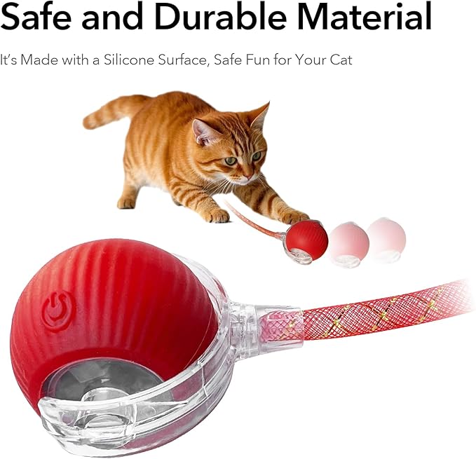 Speedy Tail Ball Toy 3.0 with 3 Play Modes, Bonus Tail, Safe Silicone Surface, Powerful Motor Moving Ball, Interactive Auto Toy for Indoor Bored Kitten & Adult Cats, USB Rechargeable (Red)