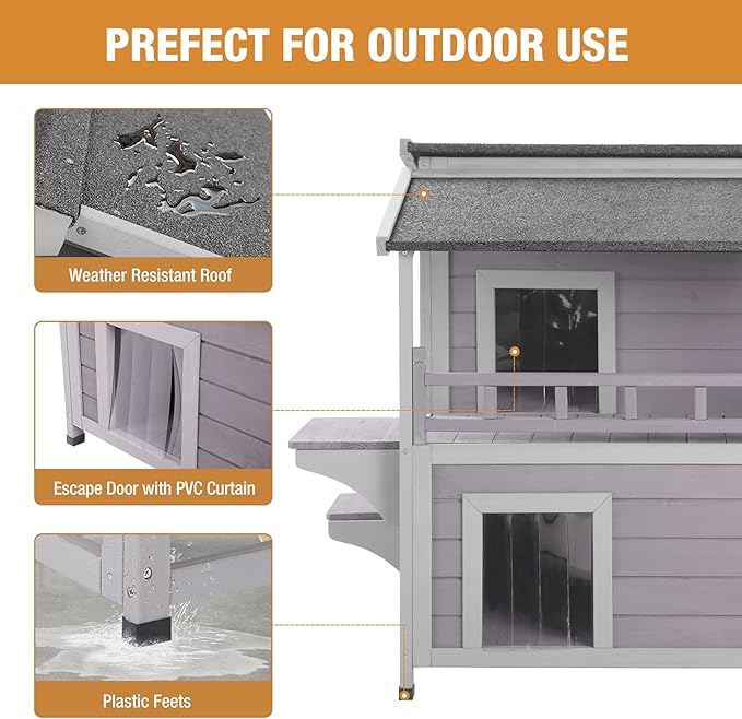 GUTINNEEN Outdoor Feral Cat House, Outside Cat Condos Two Story, Rainproof Kitty House for Winter