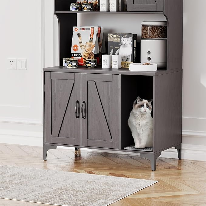 Large Cat Litter Box Enclosure Furniture with 3 Open Shelves and Storage Cabinet, Farmhouse Cat House Washroom with Scratch Pad, Modern Wood Pet House Side End Table for Livingroom Bedroom