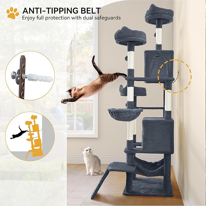 YITAHOME 75-Inch Tall Cat Tree Indoor: Multi-Level Kitten Tower with Kitty Condos, Top Perches, Sisal Ramp, Scratching Posts & Cozy Basket Hammocks Pet Play House Dark Gray
