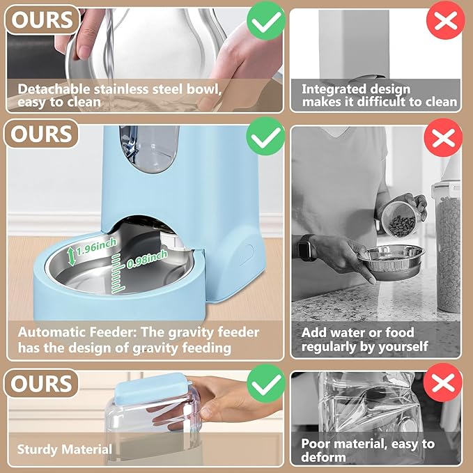 Portable Automatic Cat Feeder and Water Dispenser with Stainless Steel Bowl Dog Gravity Food Feeder and Waterer for Small Medium Pets Puppy Kitten 1 Gallon x 2 (Light Blue（3.8L*2）)