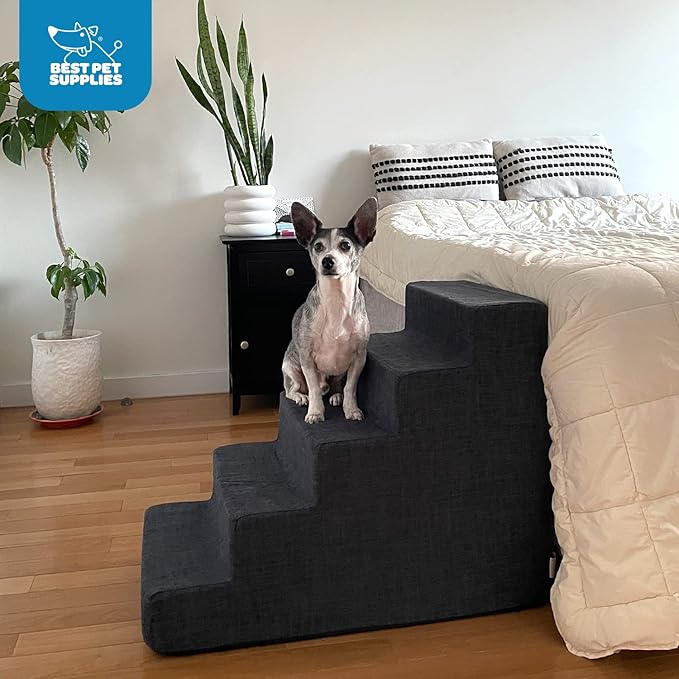 Best Pet Supplies Dog Stairs & Steps - Foam Steps for Small Dogs & Cats, Non-Slip Indoor Balanced Pet Step Support, Dog Ramp, No Assembly, Dark Gray Linen, 5-Step (22.5-inch Height)