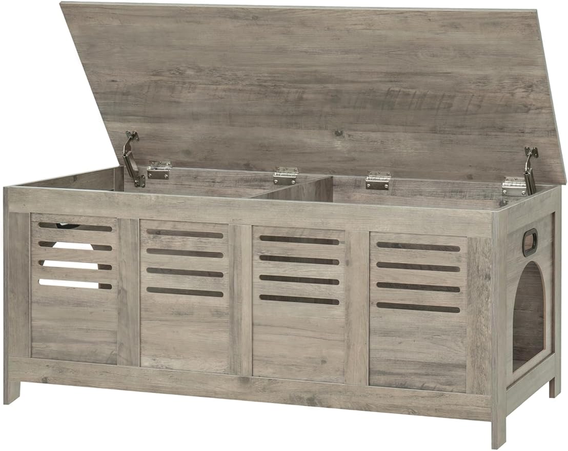 DINZI LVJ Litter Box Enclosure Furniture for 2 Cats, Top Opening Hidden Litter Box with Double Rooms, Dual Cat House with Good Ventilation, 47.2" Wooden Washroom, Cabinet, Gray Wash