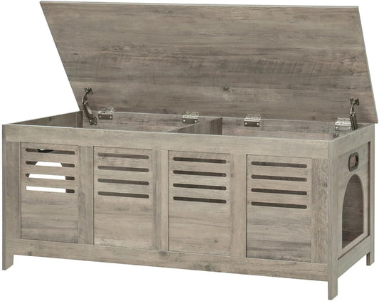 DINZI LVJ Litter Box Enclosure Furniture for 2 Cats, Top Opening Hidden Litter Box with Double Rooms, Dual Cat House with Good Ventilation, 47.2" Wooden Washroom, Cabinet, Gray Wash