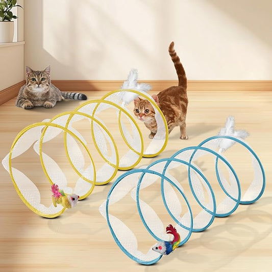 2-Piece Spiral Cat Tubes for Indoor Cats, Large Collapsible Tunnel with Feather Mouse Interactive Toy (Yellow + Blue)