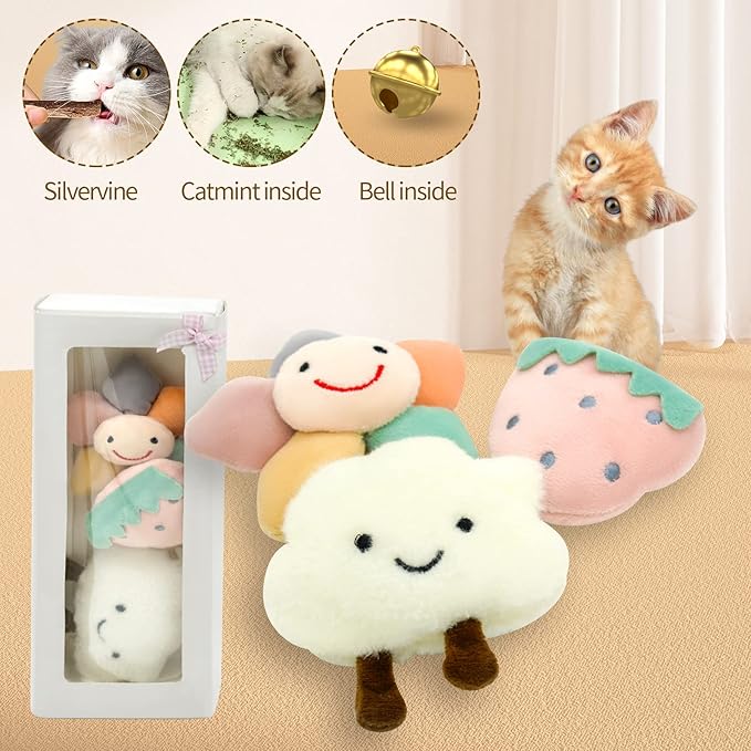 Kitten Chew Toys for Teething with Catnip – 3Pcs Bite Resistant Plush Cat Toys (Strawberry, Cloud Bell, Sunflower Stick)