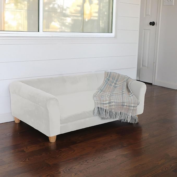 Critter Sitters 42-In. Elegant Cream Faux-Velvet Rectangular Dog Sofa for Medium and Large Dogs, Durable Elevated Dog Sofa Bed, Comfortable Dog Couch, Modern and Stylish Dog Sofa for Large Dogs