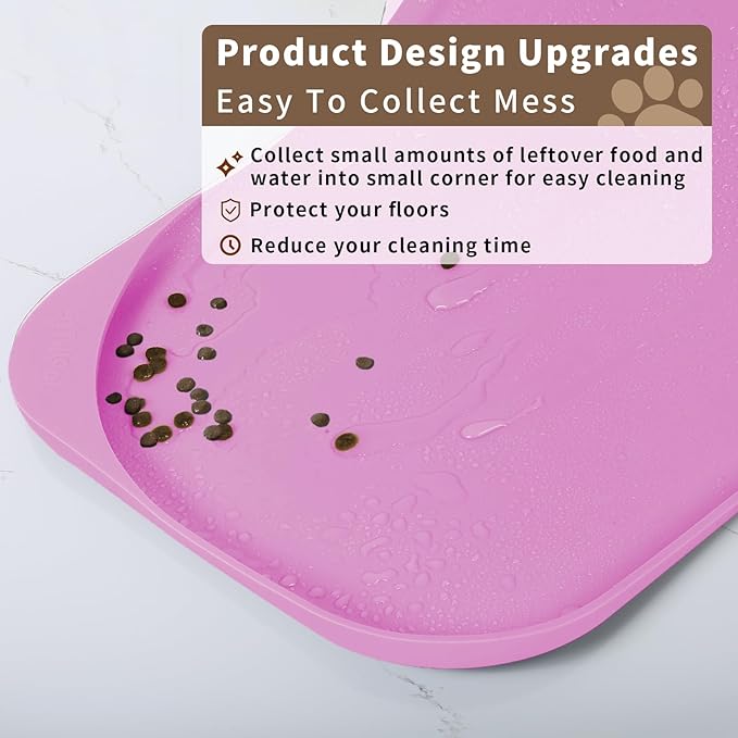 Silicone Pet Feeding Mat with Raised Edge & Residue Collection Pocket for Food and Water, Dog Bowl Mats, Cat Bowls Placemat with High Lip for Floor Waterproof, 19 x 12 x 0.7 Pink