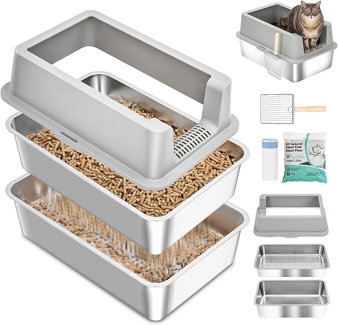 Stainless Steel Sifting Litter Box with Lid, Metal Litter Pan with Scoop for Big Cats Multi Cat, Extra Large Cats Litterbox Odor Control Easy Clean (24 * 16 * 12inch-with Enclosure, X-Large)
