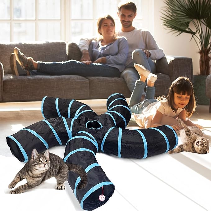 Bemodst Cat Tunnel for Indoor Cats, 5 Way Cat Tubes and Tunnels Collapsible S-Shape Small Animal Tubes Kitty Tunnels Interactive Maze Cat Toy for Kitten Rabbit Ferret - 5 Way